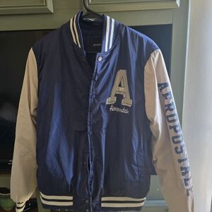 Aeropostale Men's Navy and Cream Varsity Jacket